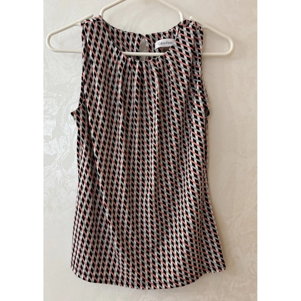 Calvin Klein Blouse Womens Small Pink Black Geometric Sleeveless Stretch Work